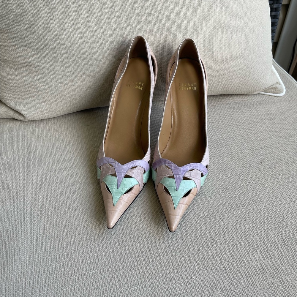 Stuart Weitzman Pastel Pink, Mint & Lavender Leather Pointed Toe HEELS SIZE 7.5 - Picture 2 of 14
